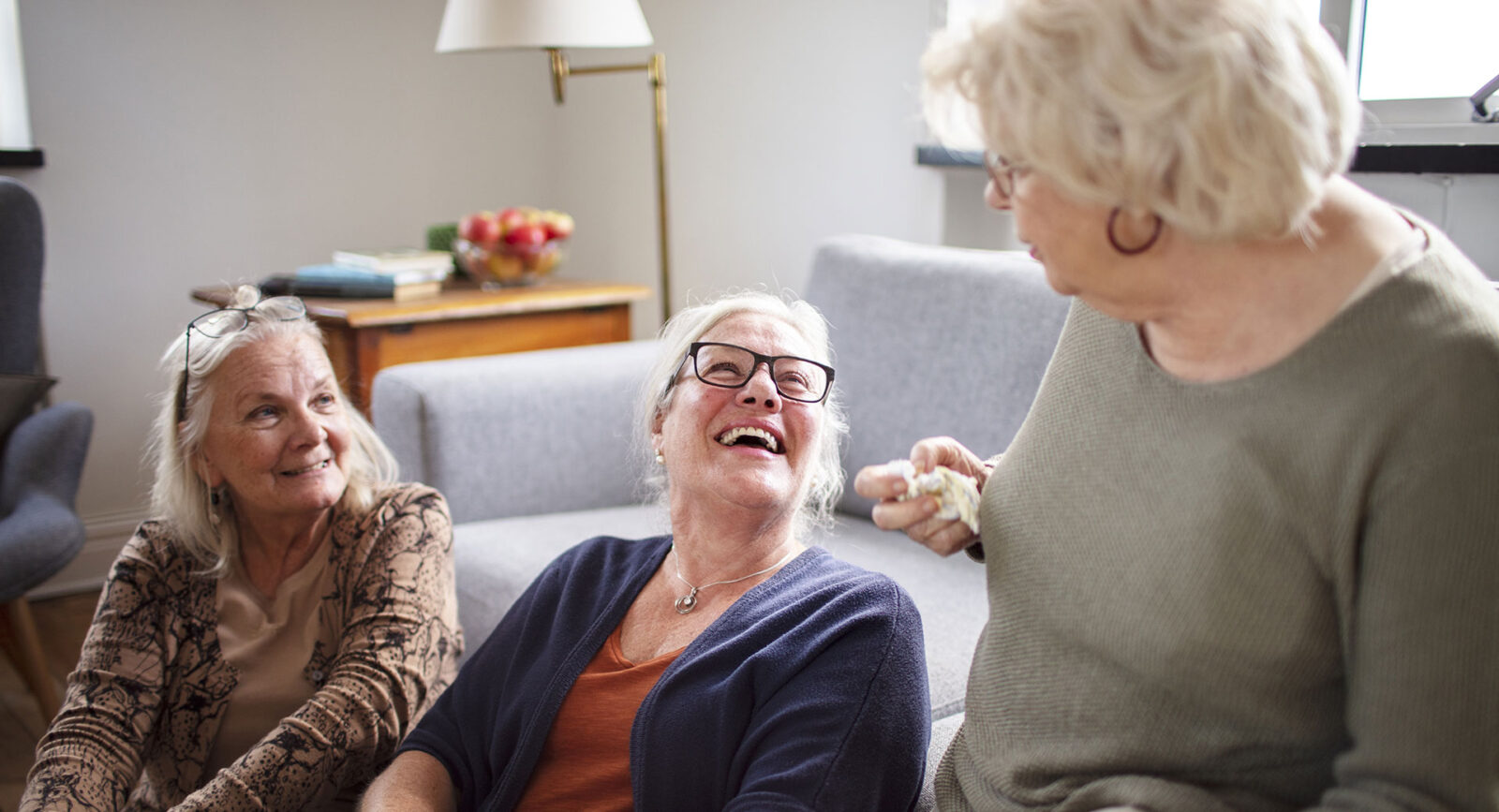 Close up of a group of female senior friends talking in the living room